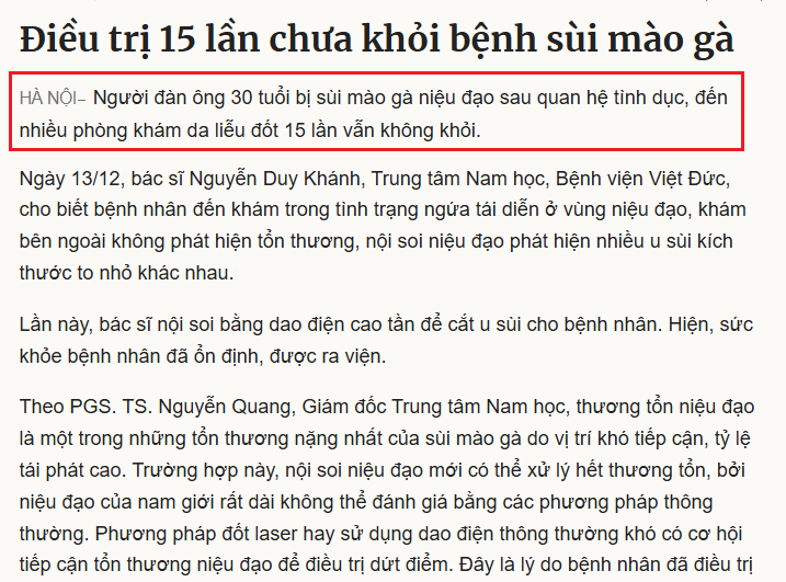 Một bệnh nhân bị sùi mào gà niệu đạo đốt sùi 15 lần ở nhiều phòng khám khác nhau nhưng vẫn không khỏi.